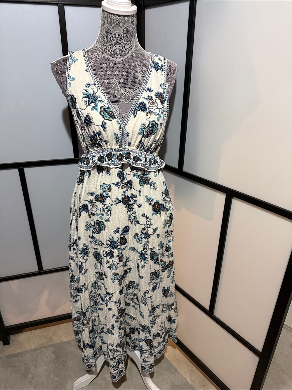 Max Studio White Maxi Dress with Blue Floral Embroidery